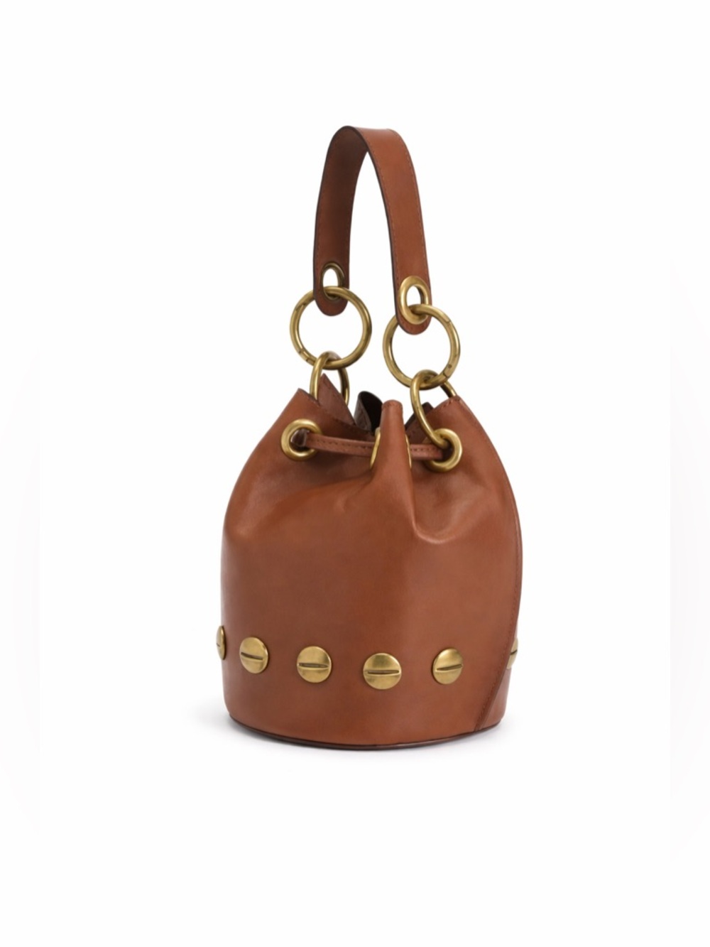 STELLA BIANCA Women's Brown Italian Leather Brass Studded Drawcord Bucket Bag